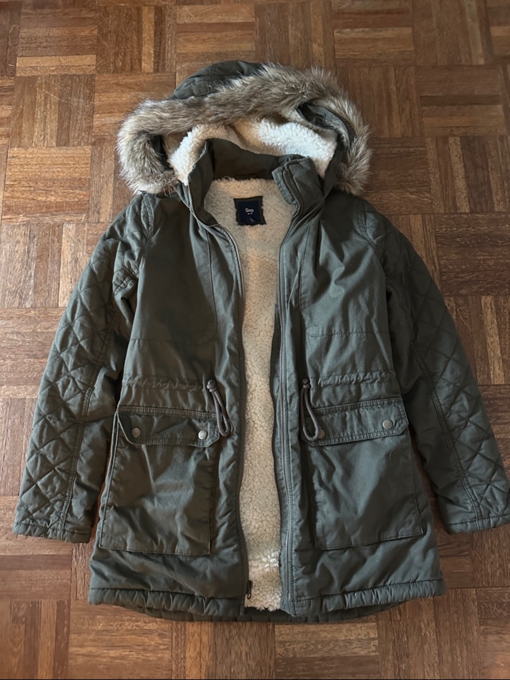 GAP Olive Green Sherpa-Lined Parka with Faux Fur Hood
